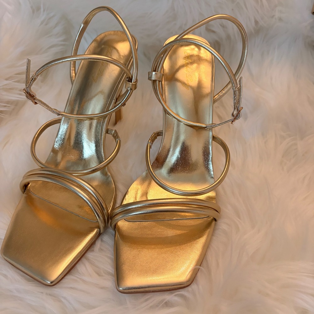 Elisabet Tang Stiletto Sandals Women 11 Gold Excellent Strappy Square Toe TES433